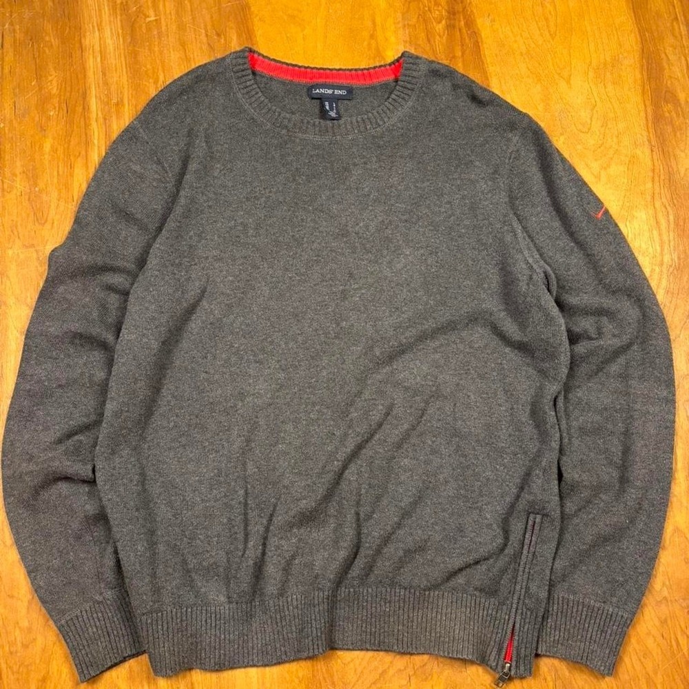 Lands' End grey sweater with red‎ accents Size L elbow patches side zipper